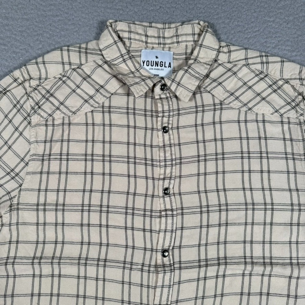 YoungLA Shirt‎ Mens Large Brown Pearl Snap Plaid Flannel Outdoor Casual Preppy